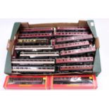 Tray containing approx. 27 bogie coaches, variety of makes, most BR maroon but some LMS & BR Inter-