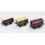 Three original Hornby vans: 1924-5 Jacob & Co Biscuits, open axleguard base, maroon body, white