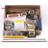 Box of N gauge items: 7 G.Farish wagons; 4 Arnold wagons all (E-BVG-E); plastic bag containing