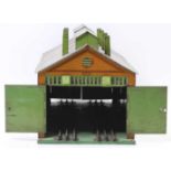 1935-41 Hornby No.E2E engine shed, green base, yellow ridge tiles, inside of doors plain. Wall &