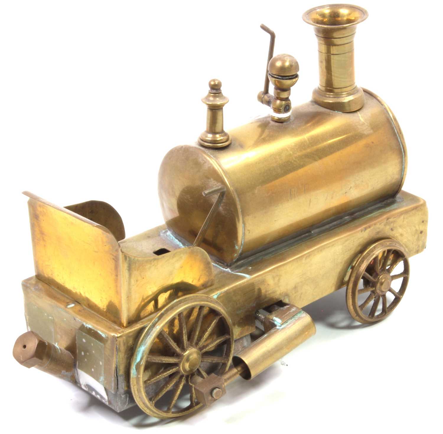 Early 20th-century brass dribbler type locomotive, spirit fired example, with on/off lever, 2 wick - Bild 2 aus 4