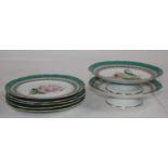 A Victorian part dessert service, having floral decoration within turquoise borders