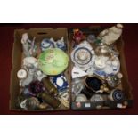 Two boxes of miscellaneous items, to include Nao Spanish porcelain figure of pillow-fighting