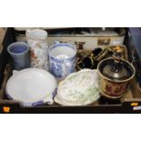 A box of various ceramics to include a 19th century blue & white transfer decorated loving cup