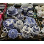 Two boxes of blue and white transfer decorated teawares, to include Copeland Spode Italian pattern