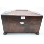 A Regency mahogany twin compartment tea caddy of sarcophagus form, standing upon four bun feet,