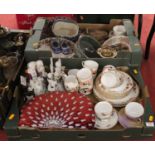 Two boxes of ceramics to include an Imari palette part tea service, porcelain figures etc