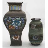 A Chinese cloisonne enamel decorated vase, of square baluster form, 35cm high, together with another