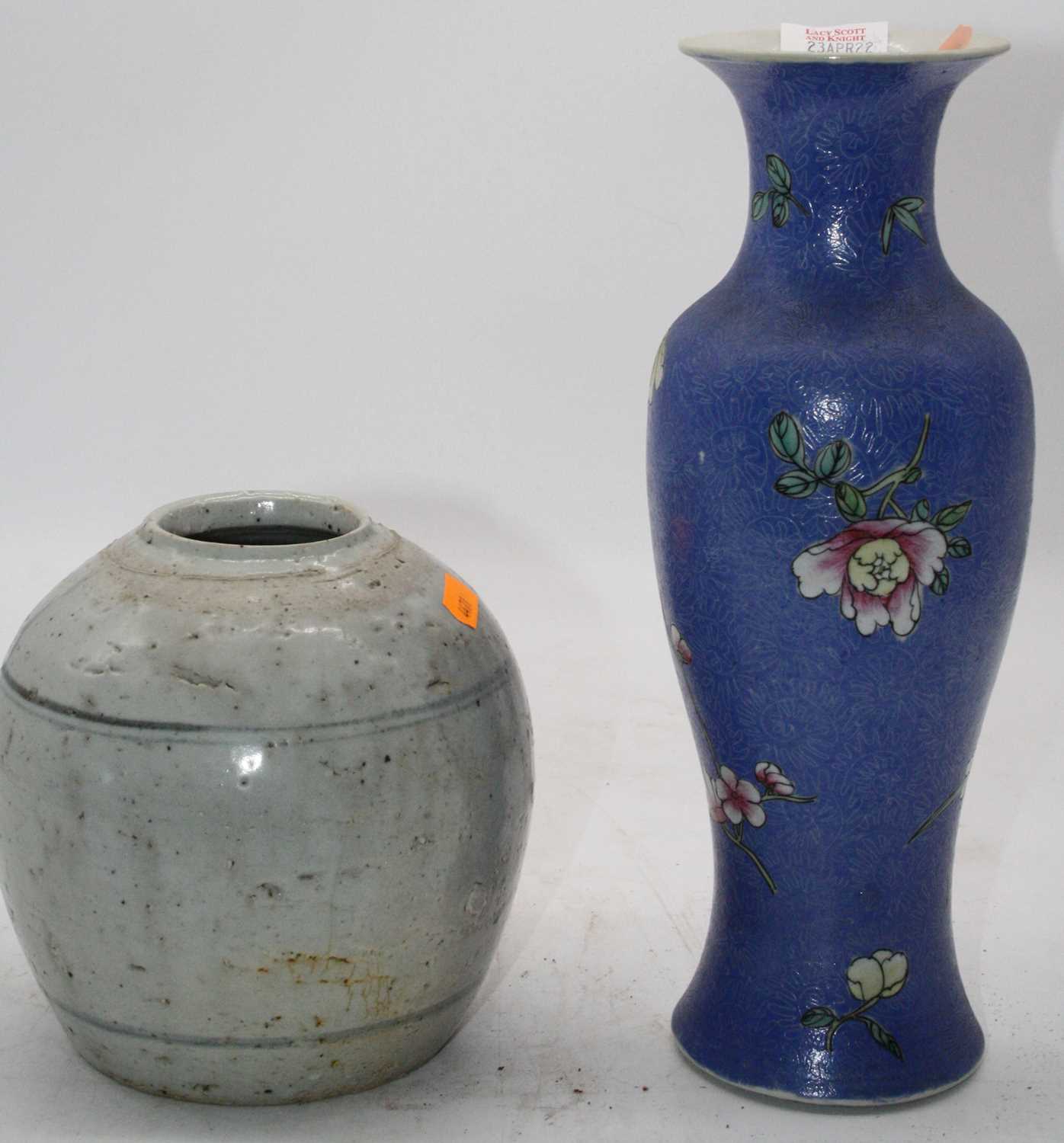 A Chinese enamel decorated porcelain baluster vase, 29cm high, together with a Chinese blue &