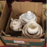 A box of ceramics to include a Johnsons Bros transfer decorated jug