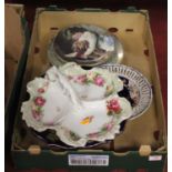 A box of various ceramics to include a Japanese Imari palette plate, and collectors' plates