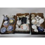 Three boxes of miscellaneous items, to include a pair of 19th century Crown Derby vases, each of