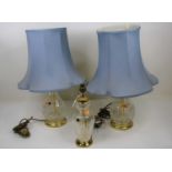 A pair of Stuart crystal table lamps, each having a blue silk shade, height 56cm each including