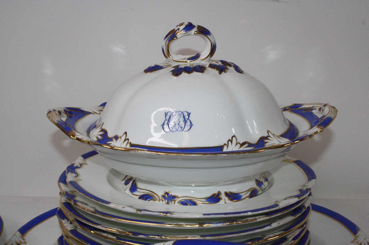 A Victorian Daniell part dinner service, on a white ground with blue borders and heightened in gilt, - Image 3 of 5