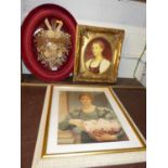 Dried flower display under convex glass; together with a reproduction porcelain plaque within a gilt