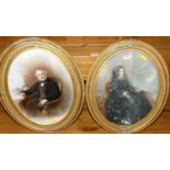 A pair of late Victorian portrait watercolours on milk glass, each framed as ovals, 38 x 28cmPicture