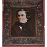 19th century English school - bust portrait of a young man, oil on oak panel, 24x18.5cm