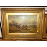 Late 19th century English school - Landscape scene with ploughing horses and hounds, oil on
