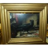 English school - Interior scene with startled blackbird, oil on oak panel, 12 x 14cm