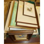 A box of assorted pictures and prints, to include pastels, topographical engravings etc