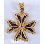 A yellow metal Maltese cross pendant, having a beaded edge and black enamel inlay, set with a