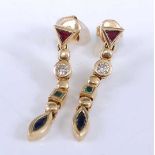 A pair of yellow metal, ruby, diamond, emerald and sapphire articulated drop earrings, on post and