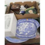 Two boxes of ceramics to include a 19th century blue & white transfer decorated meat dish
