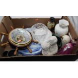 A box of miscellaneous items to include a Gouda type pottery vase, an Aynsley 'Just Orchids' pattern