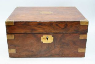 A Victorian walnut and brass bound work box (lacking interior) together with one other Victorian