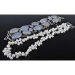 A white metal and moonstone set bracelet; together with a cultured pearl long necklace, 40cm (2)