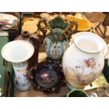 A box of glassware and ceramics, to include carnival glass, Dresden porcelain beaker shaped vase,