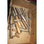Two boxes of assorted woodworking tools to include beech block plane, spokeshave, chisels, marking