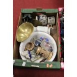 Two boxes of miscellaneous items to include grocer's scales, enamel bowl, relief jug, etc