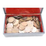A lacquered jewellery box, contents to include Elizabeth II pre-decimal coins