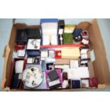A box of various costume jewellery to include wrist watches, earrings, necklaces, etc