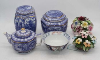 A box of miscellaneous items to include Imari bowl, Ringtons Millennium storage jar and cover,