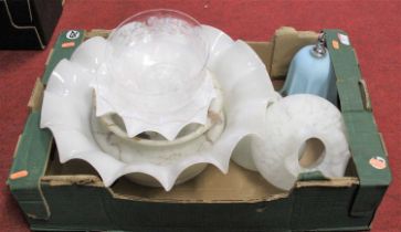 A box of miscellaneous items, to include etched glass lightshades and filled glass examples