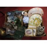 Two boxes of miscellaneous items to include an iron cookbook stand, lithophane ceiling light