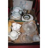 Two boxes of miscellaneous items to include a Queen Anne type part dinner service, English