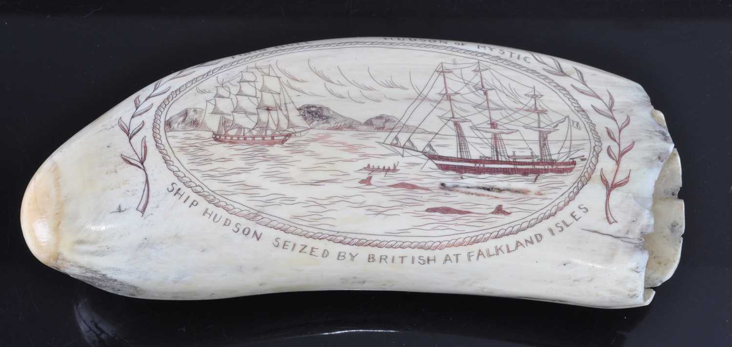 A 19th century Sperm Whale tooth, scrimshaw decorated with two ships at sea within a rope-twist
