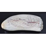 A 19th century Sperm Whale tooth, scrimshaw decorated with two ships at sea within a rope-twist