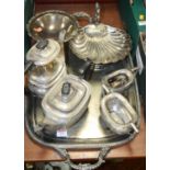 Various silver plated wares, to include a teapot, coffee pot, and serving tray