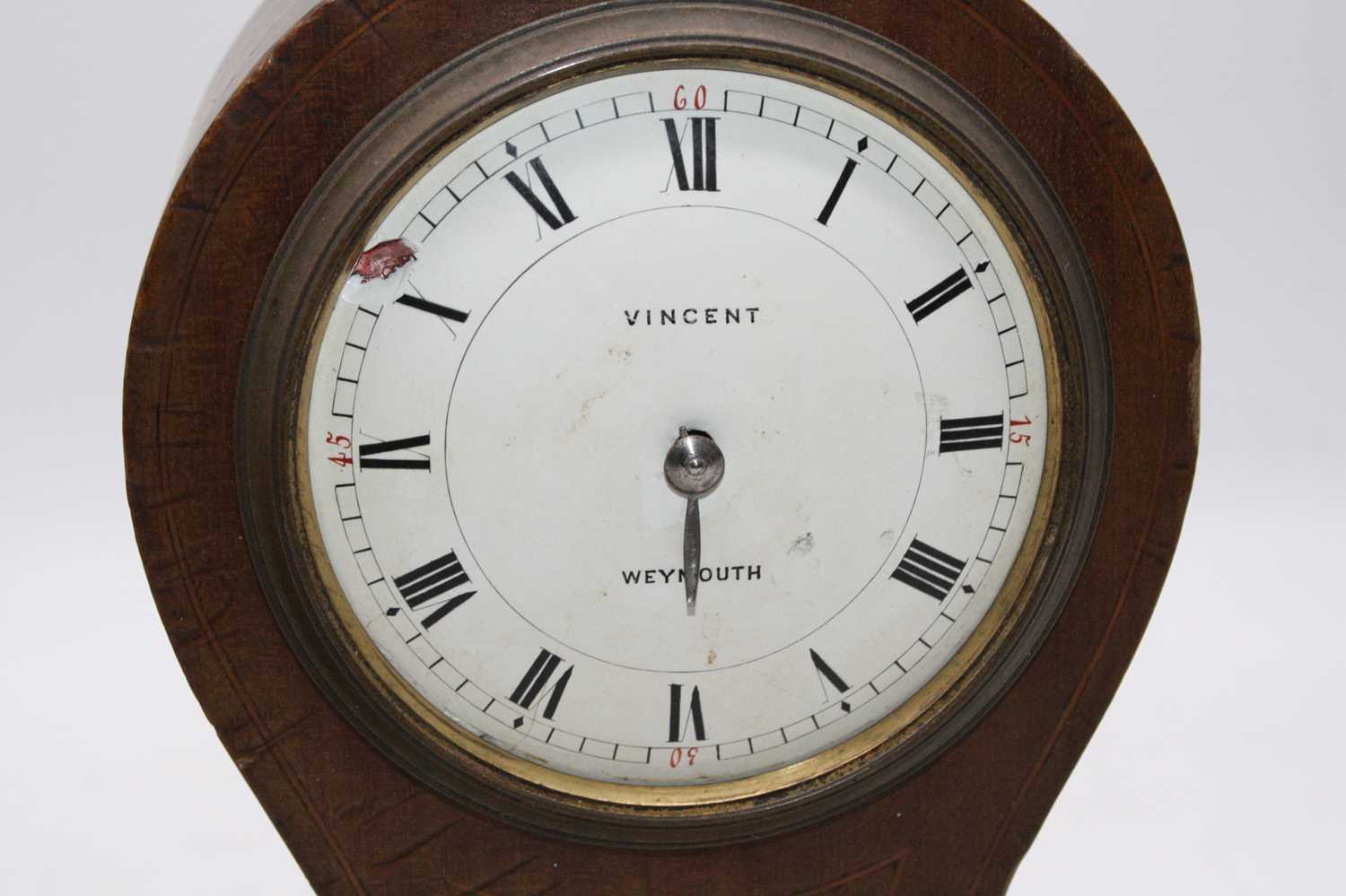 An Edwardian mahogany and ebony strung mantle clock having a convex silvered dial with Roman - Image 3 of 4