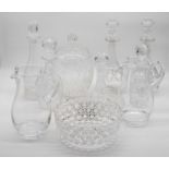 A box of miscellaneous glassware to include cut glass ships decanter and stopper, water pitchers,