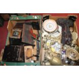 Two boxes of miscellaneous items to include silver plated ewer, resin figure The Lovers, various
