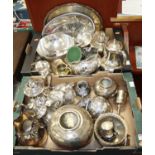 Two boxes of silver plated wares, to include vases, teapots and candlesticks