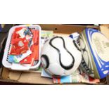 A box of sporting related items, to include FA Premier League Shoot Out trading cards, Gilbert rugby