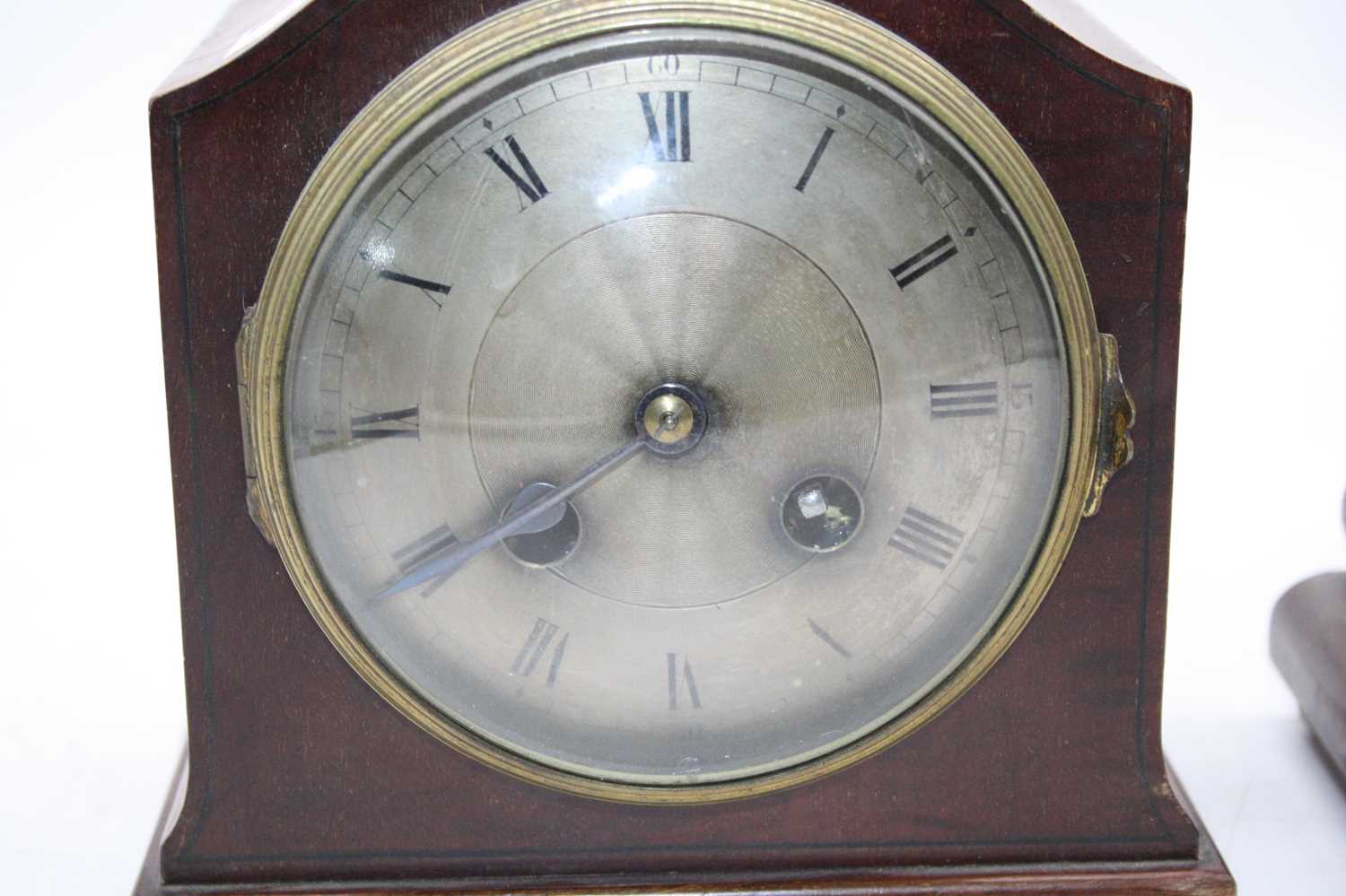 An Edwardian mahogany and ebony strung mantle clock having a convex silvered dial with Roman - Image 2 of 4