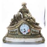 A 19th century figural brass mantel clock, the enamel dial showing Roman numerals, height 35cm