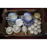 A box of miscellaneous china to include Spode Blue Room Collection, oversize teacups and saucers,